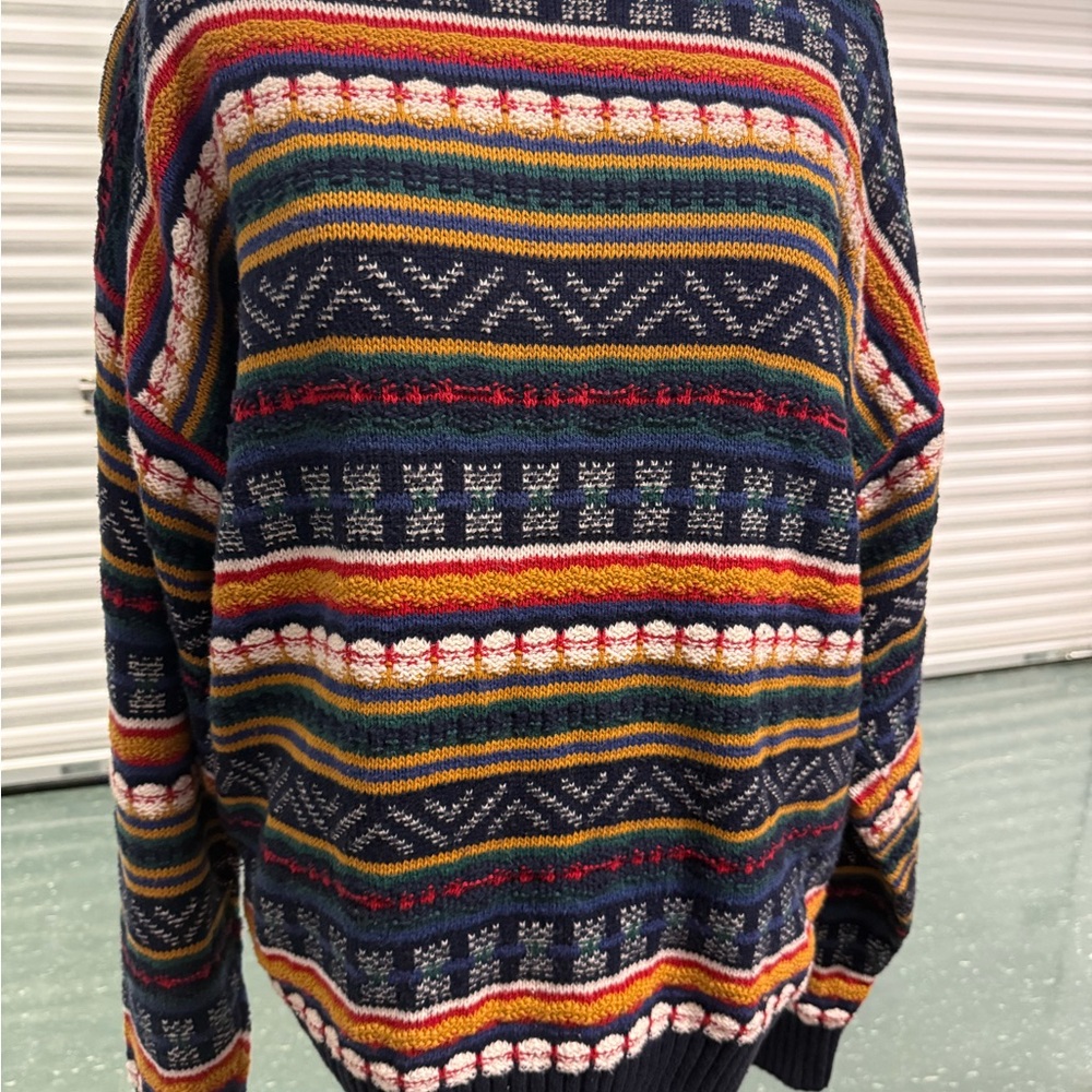 Multicolor 3D Cable Knit Patterned Crewneck Sweater 100% Cotton